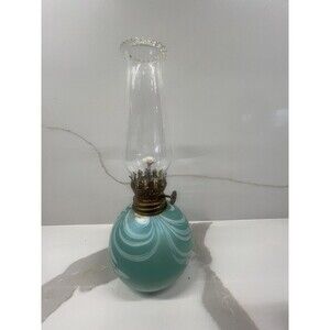 VTG Mt. St. Helens Ash Hand Blown Hurricane Oil Lamp Iridescent Blue White Swirl
